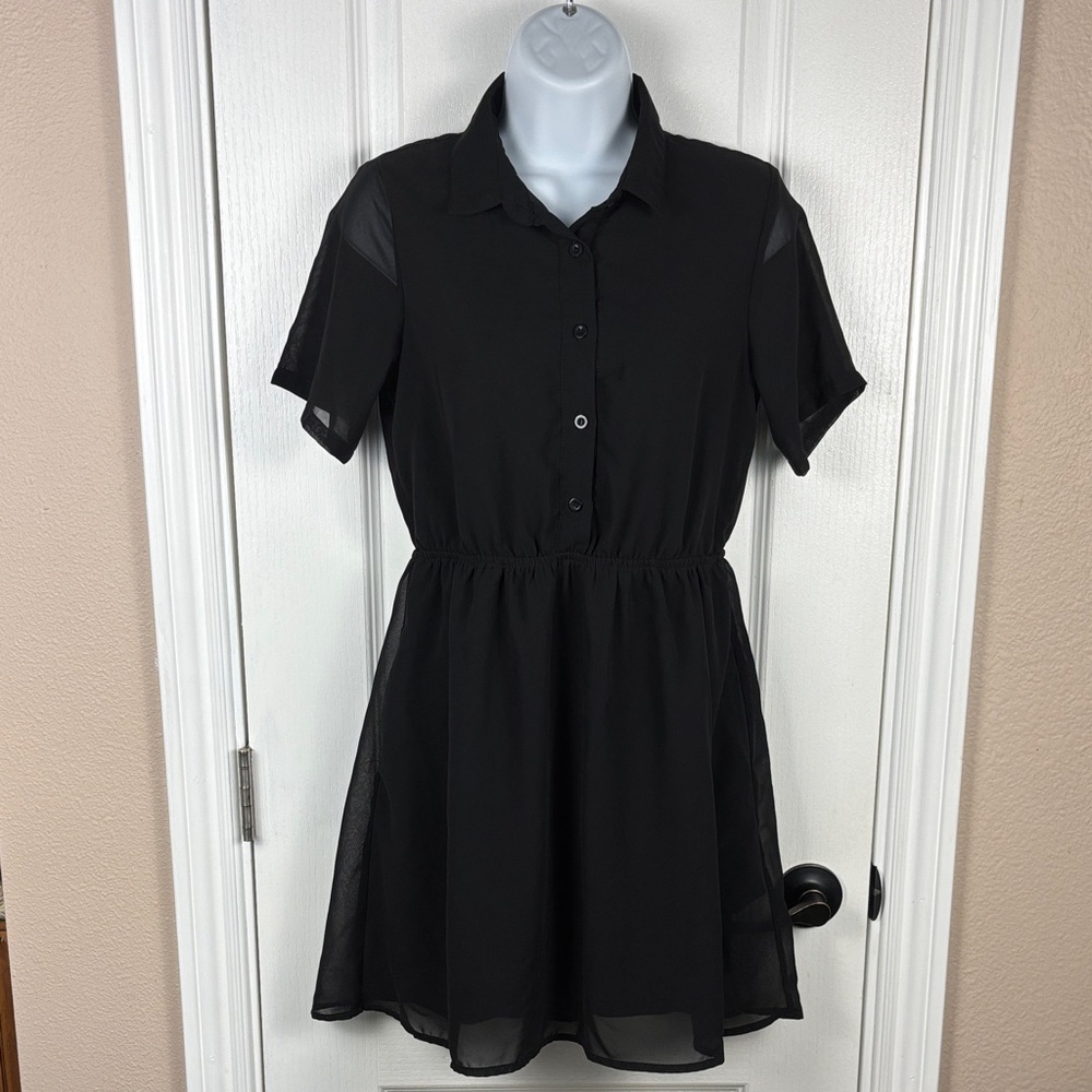 Figsight Women's Lined Short Sleeve Chic Black Button-Up Mini Dress Size Small